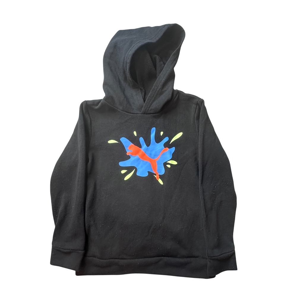 Puma Hoodie Boys Size 6 Black Splash Graphic Pullover Fleece A22S72-05415 Active